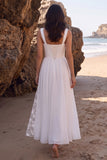 White A-Line Sweetheart Ruched Chiffon Midi Wedding Dress with Lace Side Slit