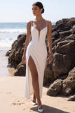 White Corset Sheath V-Neck Ruched Tulle Maxi Wedding Dress with Side Slit