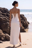 White Corset Sheath V-Neck Ruched Tulle Maxi Wedding Dress with Side Slit