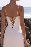White Corset Sheath V-Neck Ruched Tulle Maxi Wedding Dress with Side Slit