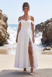 White A-Line Off the Shoulder Ruched Satin Maxi Wedding Dress with Lace Slit