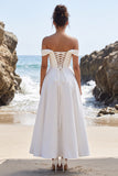 White A-Line Off the Shoulder Ruched Satin Maxi Wedding Dress with Lace Slit