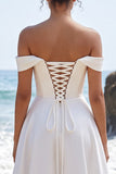 White A-Line Off the Shoulder Ruched Satin Maxi Wedding Dress with Lace Slit