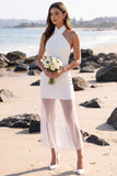 White Halter Sheath Tulle Mini Wedding Dress