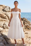 White A-Line Off the Shoulder Appliqued Tulle Tea-Length Wedding Dress
