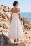White A-Line Off the Shoulder Appliqued Tulle Tea-Length Wedding Dress
