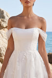 White A-Line Off the Shoulder Appliqued Tulle Tea-Length Wedding Dress