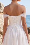 White A-Line Off the Shoulder Appliqued Tulle Tea-Length Wedding Dress