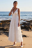 White A-Line V-Neck Satin Lace Appliques Maxi Wedding Dress