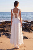 White A-Line V-Neck Satin Lace Appliques Maxi Wedding Dress