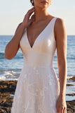 White A-Line V-Neck Satin Lace Appliques Maxi Wedding Dress