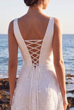 White A-Line V-Neck Satin Lace Appliques Maxi Wedding Dress