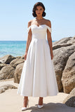 White A-Line Off the Shoulder Ruched Satin Tea-Length Wedding Dress with Lace