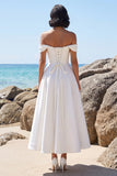 White A-Line Off the Shoulder Ruched Satin Tea-Length Wedding Dress with Lace