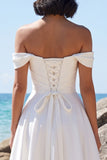 White A-Line Off the Shoulder Ruched Satin Tea-Length Wedding Dress with Lace