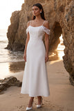 White A-Line Cold Shoulder Appliqued Tea-Length Wedding Dress