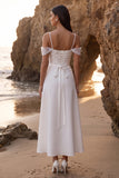 White A-Line Cold Shoulder Appliqued Tea-Length Wedding Dress