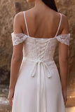 White A-Line Cold Shoulder Appliqued Tea-Length Wedding Dress