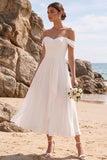 White A-Line Off the Shoulder Ruched Chiffon Midi Wedding Dress
