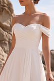 White A-Line Off the Shoulder Ruched Chiffon Midi Wedding Dress