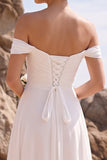 White A-Line Off the Shoulder Ruched Chiffon Midi Wedding Dress