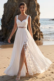 White A-Line Ruched Cut Out Lace Chiffon Maxi Wedding Dress with Appliques