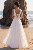 White A-Line Ruched Cut Out Lace Chiffon Maxi Wedding Dress with Appliques