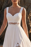 White A-Line Ruched Cut Out Lace Chiffon Maxi Wedding Dress with Appliques