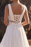 White A-Line Ruched Cut Out Lace Chiffon Maxi Wedding Dress with Appliques