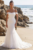 White Mermaid Off the Shoulder Appliqued Tulle Long Wedding Dress