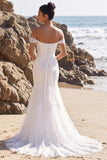 White Mermaid Off the Shoulder Appliqued Tulle Long Wedding Dress