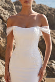 White Mermaid Off the Shoulder Appliqued Tulle Long Wedding Dress