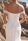 White Mermaid Off the Shoulder Appliqued Tulle Long Wedding Dress