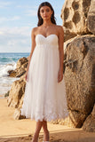 White A-Line Strapless Ruched Tea-Length Tulle Wedding Dress with Appliques