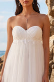 White A-Line Strapless Ruched Tea-Length Tulle Wedding Dress with Appliques