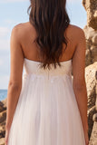 White A-Line Strapless Ruched Tea-Length Tulle Wedding Dress with Appliques