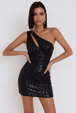 Black Sequins One Shoulder Bodycon Short Cocktail Dress with Cut Out
