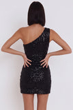 Black Sequins One Shoulder Bodycon Short Cocktail Dress with Cut Out