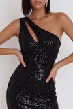 Black Sequins One Shoulder Bodycon Short Cocktail Dress with Cut Out