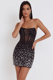 Black Corset Bodycon Strapless Short Cocktail Dress with Rhinestone