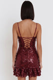 Burgundy Sequins Bodycon Spaghetti Straps Short Cocktail Dress with Ruffles