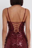 Burgundy Sequins Bodycon Spaghetti Straps Short Cocktail Dress with Ruffles