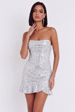 Silver Corset Strapless Bodycon Short Cocktail Dress with Ruffles