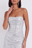 Silver Corset Strapless Bodycon Short Cocktail Dress with Ruffles