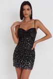 Black Bodycon Spaghetti Straps Sparkly Bow Short Cocktail Dress with Rhinestone