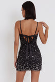 Black Bodycon Spaghetti Straps Sparkly Bow Short Cocktail Dress with Rhinestone