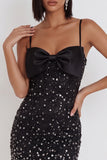 Black Bodycon Spaghetti Straps Sparkly Bow Short Cocktail Dress with Rhinestone