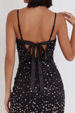 Black Bodycon Spaghetti Straps Sparkly Bow Short Cocktail Dress with Rhinestone