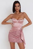 Pink Corset Bodycon Spaghetti Straps Short Cocktail Dress with Sequins