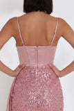 Pink Corset Bodycon Spaghetti Straps Short Cocktail Dress with Sequins